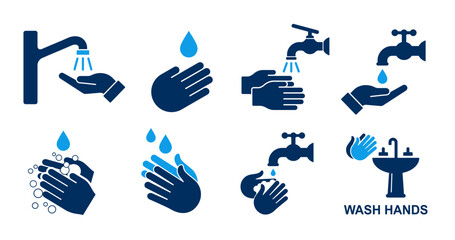 wash hands symbol for hospital, restaurant, hotel, school, office, industry, factory, kitchen etc place. wash hands with soap icons collection.