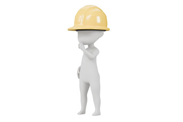 3d a man with safety helmet worker icon. Minimal Cartoon character construction worker holds yellow safety helmet. Construction site concept. human construction worker looking for a solution.3d render