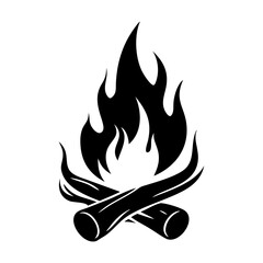 Stylized black and white illustration of a burning campfire with crossed logs