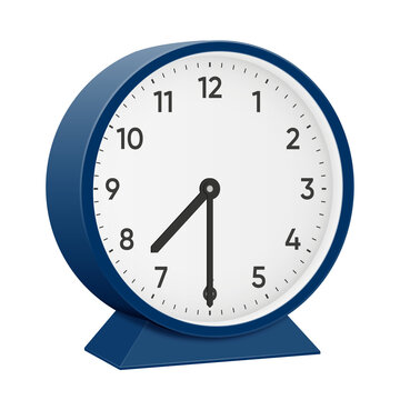 It is half past seven, half past 7, 30 minutes past 7, 07 30, 19 30, 7 30 am, 7 30 pm, 30 minutes to 8 oclock. Realistic 3d illustration dark blue table clock png transparent