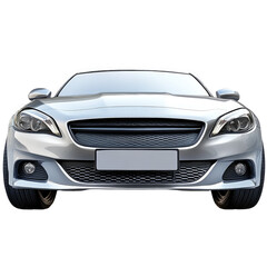Frontal view of a silver car with a black grill and tires on a black background in a studio setting