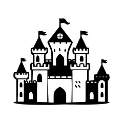 Obraz premium A Black and White Illustration of a Cartoonish Medieval Castle with Flags
