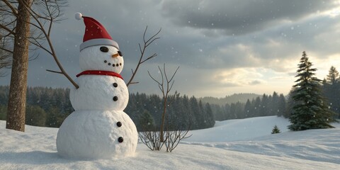 Obraz premium Snowman in Red Hat Winter Landscape, snow, holiday