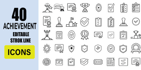 40 Editable Stroke Line Achievement Icons Success, Goals, & Victory Graphics bundle