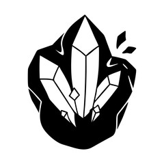 Monochrome rendering of a cluster of gleaming crystals within a rock formation