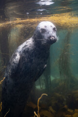 Obraz premium Grey seal, Halichoerus grypus, swimming among seaweed in the coastal waters of Brittany, France, underwater during the daytime