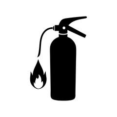 Icon of a black fire extinguisher with flame, vector illustration