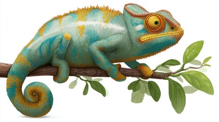 Vibrant chameleon perched on a branch, displaying its colorful skin