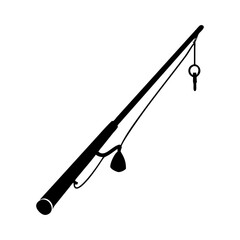 Black and white silhouette of a fishing rod with hanging lure