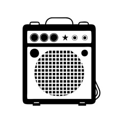 Black and white illustration of a vintage guitar amplifier with speaker