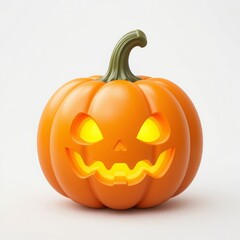 3D icon of a cute Halloween pumpkin with bright orange surface and glowing yellow face, smooth lighting on white background Generative AI