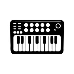 A black and white drawing of a synthesizer with keys and knobs