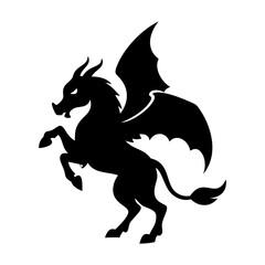 Silhouette of a Winged Horse with Horns Rearing Upwards on White