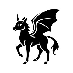 A mythical winged unicorn creature illustration in solid black and white style