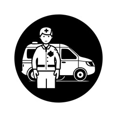 Emergency medical technician standing in front of an ambulance in black circle