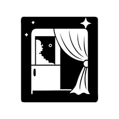 Stylized window with a mysterious figure in the dark and curtain, nighttime scene