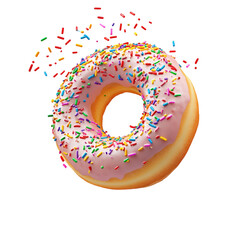 A close up of a donut with pink frosting and colorful sprinkles on a black background with sprinkles flying off