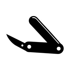 Black and white minimalist illustration of an open folding pocket knife icon