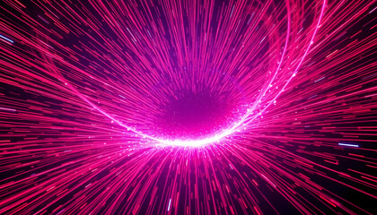 Obraz premium Pink Light Particle Tunnel With Radial Lines Against A Dark Background Simulating Movement Through Data