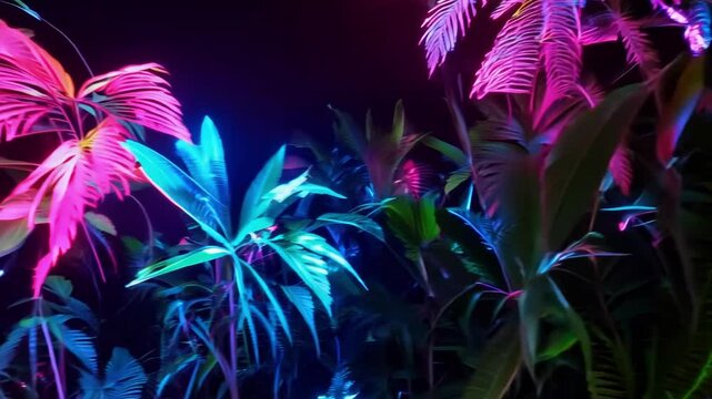 Exotic tropical plants illuminated with vibrant neon LED lighting creating dynamic color transitions from pink to blue. The foliage transforms through stunning electric hues in dark environment.