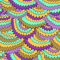 Colorful Seamless Pattern Zigzag wavy Line Vector Illustration. Orange, green and violet colors. Black zig zag lines.