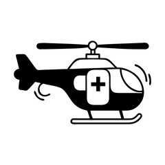 Black and white icon illustration of a medical emergency helicopter