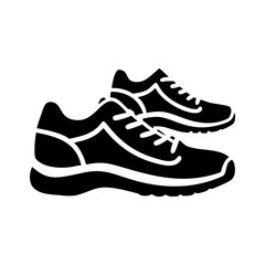 Pair of black and white athletic running shoes in a simple illustration