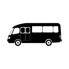 Side view of a black and white minivan style school bus