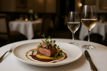 A fine dining dish with an artistic and sophisticated food presentation, perfect for showcasing gourmet cuisine.