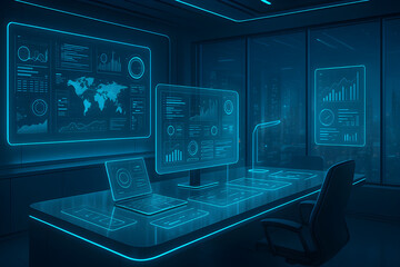 A futuristic office with holographic displays, touch-sensitive surfaces, and a sleek desk setup, showcasing advanced workplace technology.