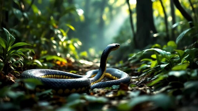 A king cobra poised to strike, its eyes fixed on a potential threat in the heart of the jungle, with the surrounding foliage creating a shadowy atmosphere