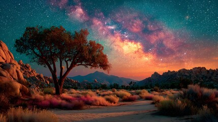 Obraz premium A Majestic Joshua Tree Framed by the Summer Milky Way Over an Arid Desert Landscape with Long Exposure Ambient Lighting and Celestial Detail