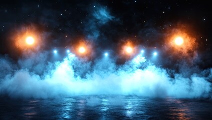 Fototapeta premium A stage bathed in vibrant, multicolored light. Misty smoke swirls around spotlights, reflecting on a smooth surface