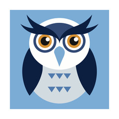 A stylish vector illustration of a blue and white cartoon owl with big orange eyes