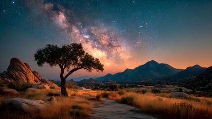 Artistic Nocturnal Capture of a Uniquely Contoured Joshua Tree Under Cascading Starlight and a Luminous Milky Way with a Pristine Desert Backdrop
