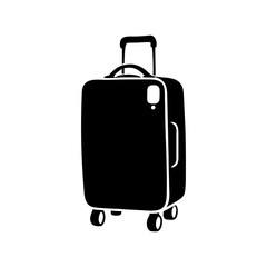 A black suitcase on four wheels stands upright on a white background