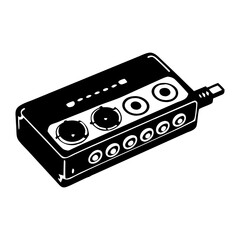 Black and white graphic image of a retro audio mixing console