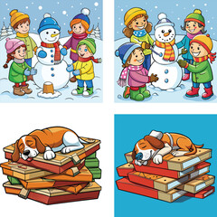 Fototapeta premium Cartoon Illustration Of Children Building A Snowman And Dog Sleeping On Books