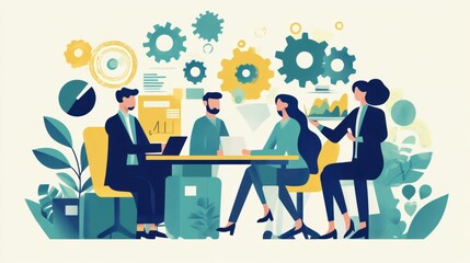 Businesspeople Collaborating at Desk With Gears and Charts for Teamwork