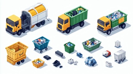 Isometric illustration of garbage trucks, bins, and waste collection equipment.