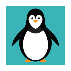 Cute cartoon penguin illustration featuring black feathers and orange feet against a teal background