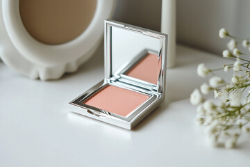 Cream blush compact in elegant silver case with natural peach hue, styled on clean white background with floral accents &ndash; minimalist beauty product photography for cosmetic branding