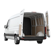 A cargo van with open doors, ready for loading and delivery. This image depicts a commercial van with its doors open.