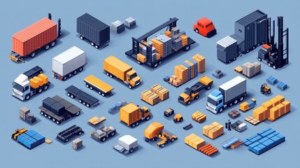 Obraz premium Isometric illustration of various cargo trucks, trailers, containers, and cargo.