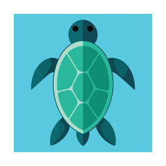Flat design illustration of a green and blue turtle on a light blue background.