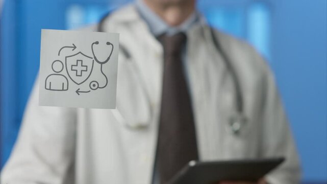 Medical professional wearing crisp white lab coat and stethoscope reviewing digital information on tablet, holding sticky note displaying preventive care icon against clean blue background