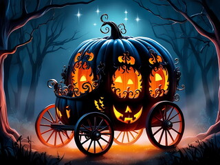 Fototapeta premium Magical Pumpkin Carriage Illuminated in Spooky Enchanted Forest