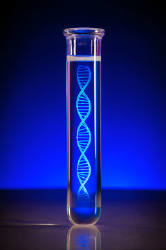 Tubo de ensayo con cadena de ADN brillante, concepto de biotecnolog&iacute;a, gen&eacute;tica y ciencia molecular