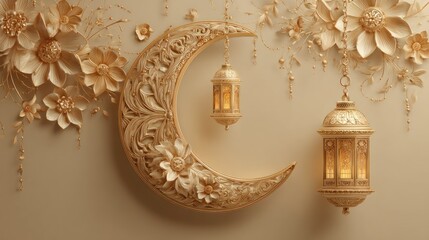 Elegant cream-colored crescent moon and lanterns adorned with intricate floral decorations