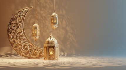 Golden crescent moon and lanterns, Islamic decorative display